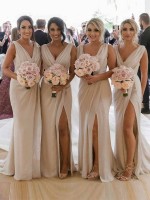 Cheap Chiffon Long Champagne Bridesmaid Dress Canada with Sexy High Slit and Front Ruffles