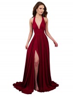 Cheap A-Line Halter Plunge V-Neckline Open Back Spandex Bridesmaid Dress Canada with Slit