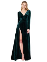 Cheap Deep V-Neck Long Sleeves Velvet Bridesmaid Dress Canada with High Side Split