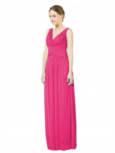 Cheap Sleeveless V-Neck Long Chiffon Bridesmaid Dress with V-Back Canada