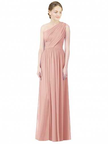 Cheap One Shoulder Long Chiffon Bridesmaid Dress with Shirred Waistband Canada