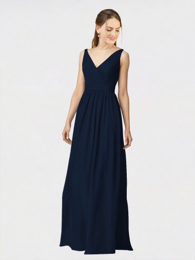 Cheap Long Chiffon Bridesmaid Dress with Shirred Bodice and V-Neckline Canada