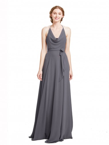 Cheap Spaghetti Strap Long Chiffon Bridesmaids Dress with Halter Cowl Neck Canada