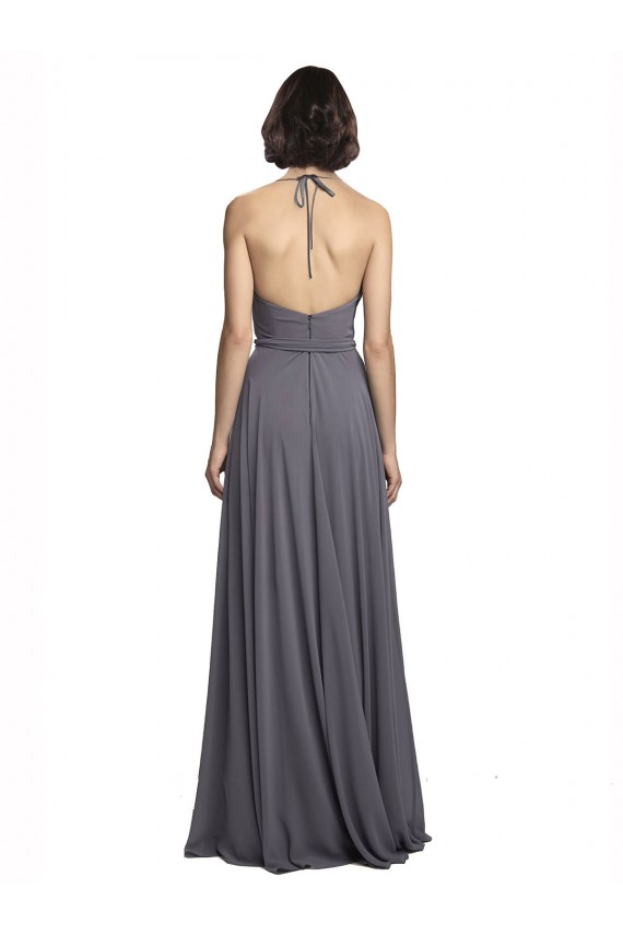 Cheap Spaghetti Strap Long Chiffon Bridesmaids Dress with Halter Cowl Neck Canada