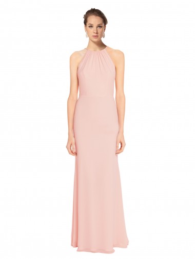 Cheap High Neck Long Chiffon Halter Bridesmaid Dress with Drape Chiffon Overlay Canada