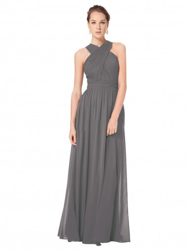 Cheap Long Chiffon Halter Bridesmaid Dress Keyhole Back Canada