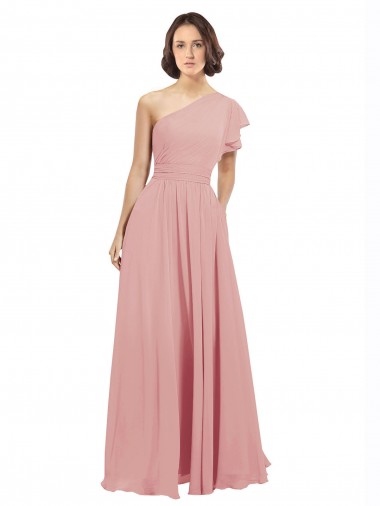 Cheap Chiffon Bridesmaids Dress with One Shoulder Flounced Sleeve Canada