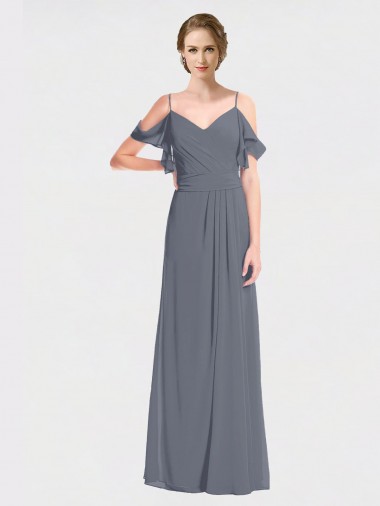 Cheap Long Chiffon Spaghetti Strap V-Neck Bridesmaid Dress with Off-The-Shoulder Flutter Sleeves Canada