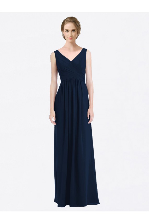 Cheap Long Chiffon V-Neck Sleeveless Bridesmaid Dress with Criss-Cross Pleated Bodice Canada