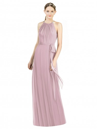 Cheap Shirred Halter Neck Long Chiffon Bridesmaid Dress Canada