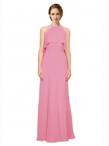 Cheap Ruffle Halter Neck A-Line Chiffon Bridesmaid Dress with Open Back Canada