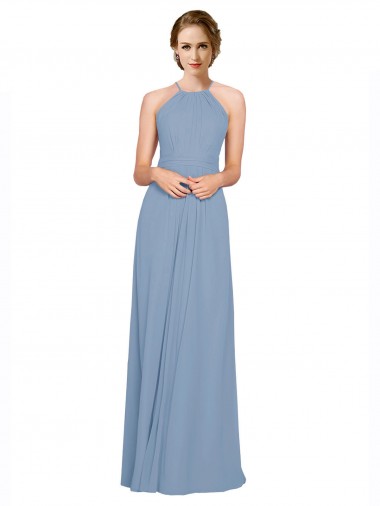 Cheap Pleated Halter Neckline A-Line Chiffon Bridesmaid with Criss Cross Back Canada