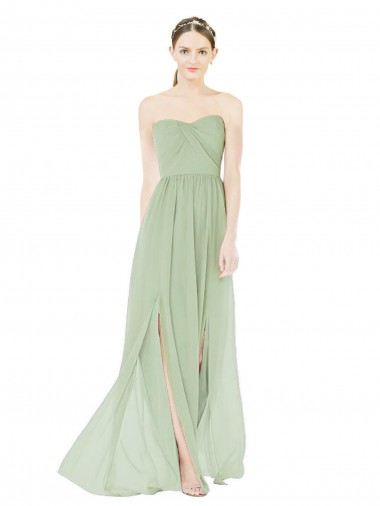 Cheap Strapless Draped Bodice Maxi Bridesmaid Dress with Front Slits Canada