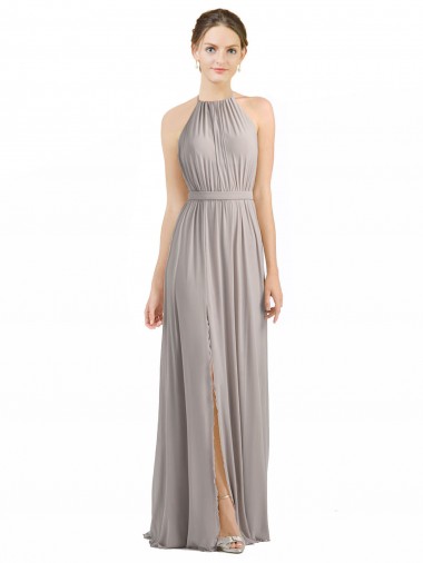 Cheap Backless Halter Chiffon Bridesmaid Dress with Front Slit and Tie Open Back Canada