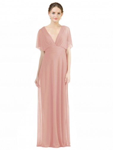 Cheap Draped Short Sleeves Long Chiffon A-Line Bridesmaid Dress Canada