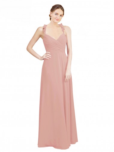 Cheap Ruched Sweetheart Halter Neckline Chiffon Bridesmaid Dress with Tie Open Back Canada