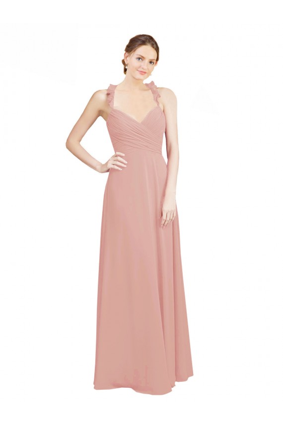 Cheap Ruched Sweetheart Halter Neckline Chiffon Bridesmaid Dress with Tie Open Back Canada