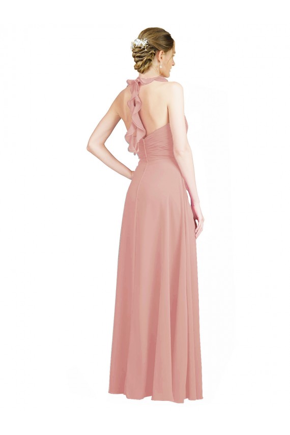 Cheap Ruched Sweetheart Halter Neckline Chiffon Bridesmaid Dress with Tie Open Back Canada