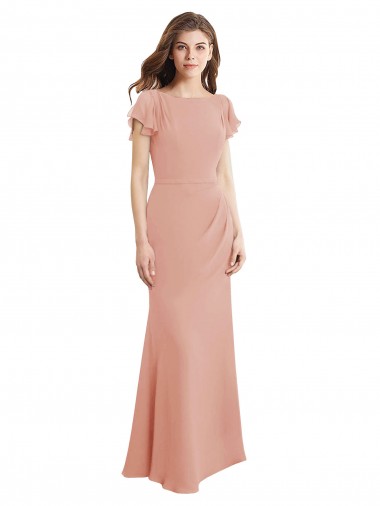 Cheap Cap Sleeves Long Chiffon Bridesmaid Dress with Low V-Back Canada