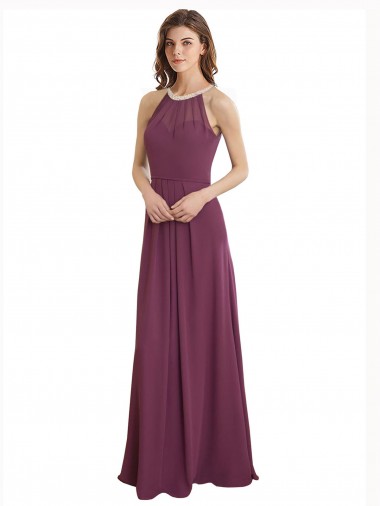 Cheap High Neckline Long Chiffon Bridesmaid Dress with Beaded Trim Canada