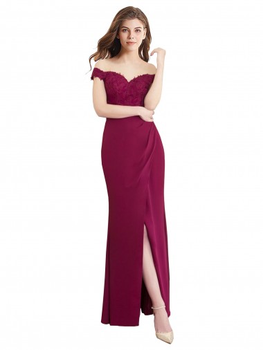 Cheap Off the Shoulder Chiffon Bridesmaid Dress with Lace Appliques and Front Slit Canada