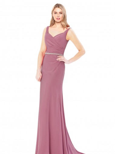 Cheap Long Slim Chiffon Bridesmaid Dress with Beaded Waist Canada