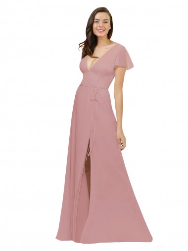 Cheap Flutter Sleeves Short Chiffon Bridesmaid Dress with Tie Belt Canada