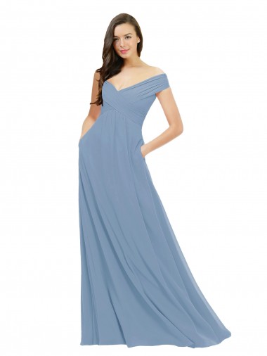 Cheap Chiffon Bridesmaid Dress with Classic Off the Shoulder Neckline Canada