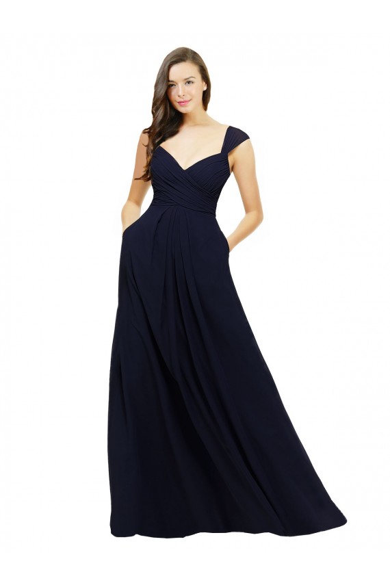 Cheap Chiffon Bridesmaid Dress with Rouched Draped Bodice and Watteau Back Canada