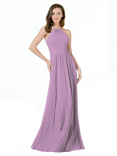 Cheap High Halter Chiffon Bridesmaid Dress with Ruffle Details Back Canada