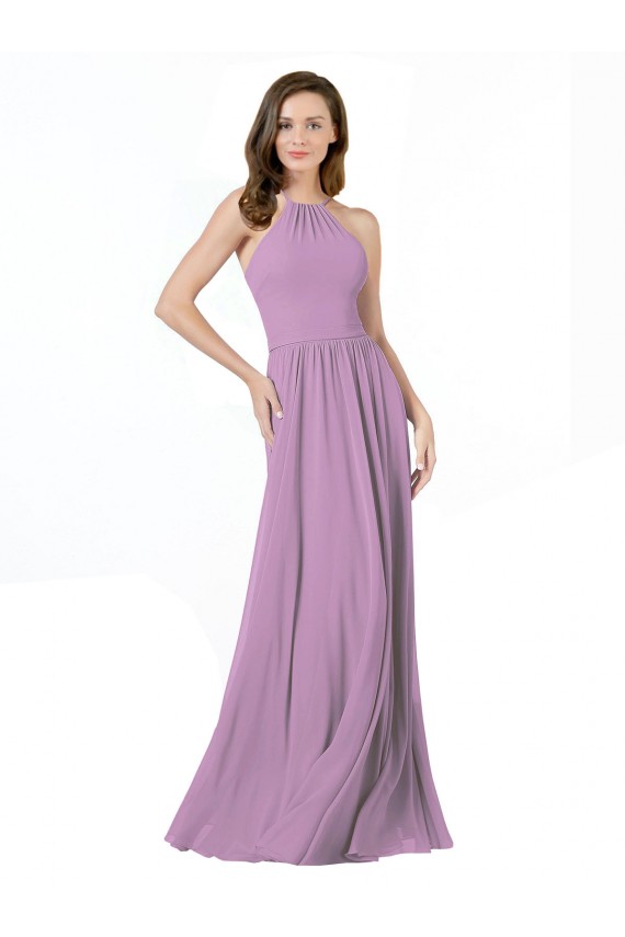 Cheap High Halter Chiffon Bridesmaid Dress with Ruffle Details Back Canada