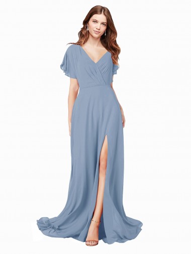 Cheap Chiffon Bridesmaid Dress with Flutter Sleeves and Front Slit Canada