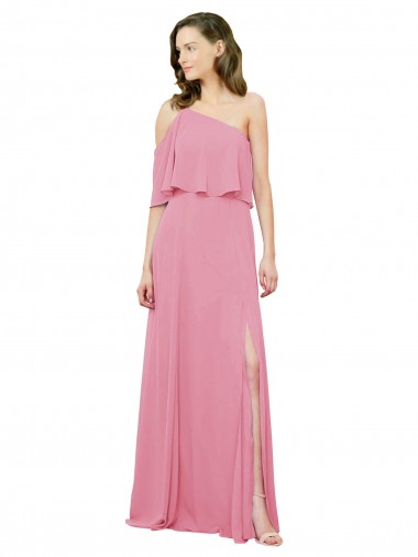 Cheap Sleeved One Shoulder Chiffon Bridesmaids Dress with Draped Ruffle Overlay Canada