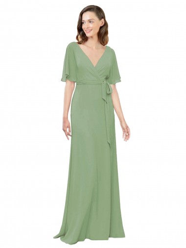 Cheap Chiffon V-Neckline Wrap Bridesmaids Dress With Double Flutter Sleeve Canada