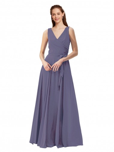 Cheap V-Neck Long Draped A-Line Chiffon Bridesmaid Dress Canada