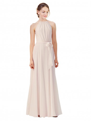 Cheap Tie Neck Long Chiffon A-Line Bridesmaid Dress with Sheer Back Canada