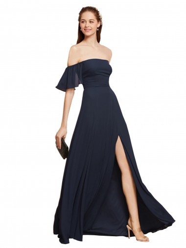 Cheap Off the Shoulder Floaty Sleeves Chiffon Bridesmaid Dress with High Slit Canada