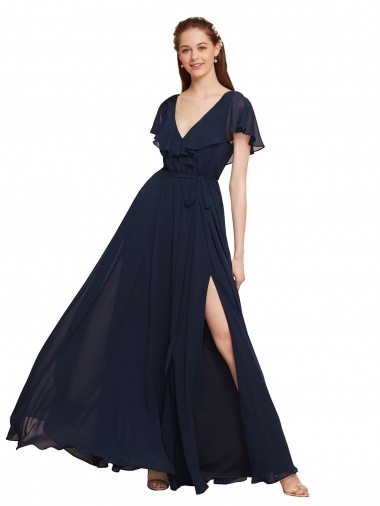 Cheap Long V-Neck Chiffon Bridesmaid Dress with Slit and V-Back Canada