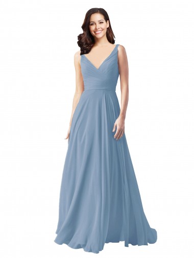 Cheap Long Chiffon V-Neck and Self Sash Bridesmaid Dress with Shirred Criss Cross Bodice Canada