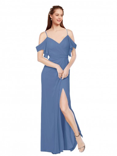 Cheap Mock-Wrap Off the Shoulder Long Chiffon Bridesmaid Dress with Side Slit Canada