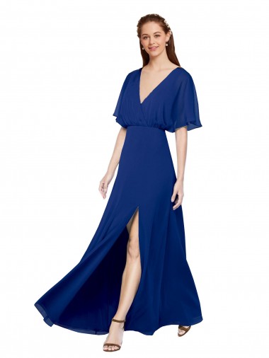 Cheap V-Neck Long Chiffon Bridesmaid Dress with Dolman Sleeved Bodice and Slit Canada