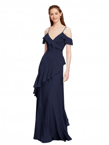 Cheap Cascading Ruffles Long Chiffon Bridesmaid Dress with Cold Shoulder Canada