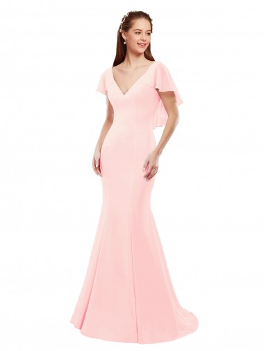 Cheap Fit and Flare Chiffon Bridesmaid Dress with V-Neck and Flutter Sleeves Canada