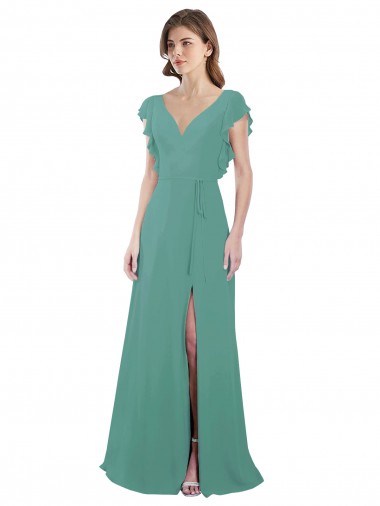 Cheap Full Length Chiffon Bridesmaid Dress with Ruffled Cap Sleeves and Side Slit Canada