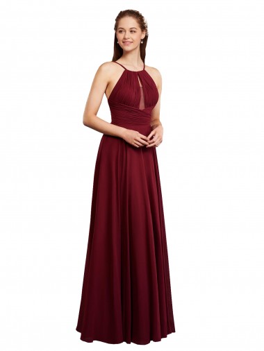 Cheap Long A-Line Halter Neck Chiffon Bridesmaid Dress with Draped Bodice Canada