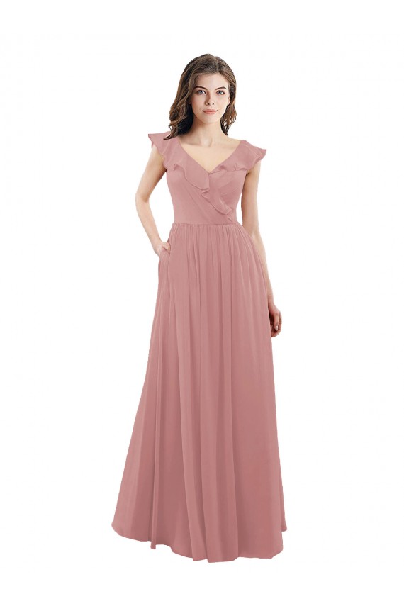 Cheap Chiffon A-Line Bridesmaid Dress with V-Neck Wrap Bodice Canada