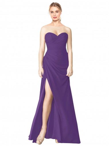 Cheap Strapless Chiffon Bridesmaid Dress with Pleated Wrap Bodice and Side Slit Canada