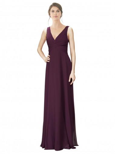 Cheap Long Chiffon Bridesmaid Dress with Ruched Criss Cross V-Neck Bodice Canada