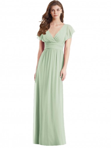 Cheap Flutter Sleeves Draped Wrap V-Neck Chiffon Bridesmaid Dress Canada