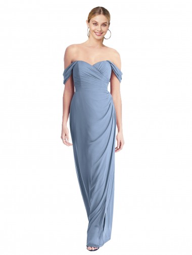 Cheap Full Length Draped Off the Shoulder Maxi Bridesmaid Dress with Shirred Streamer Canada